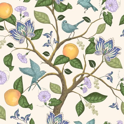 Bird Floral Wallpaper Peel and Stick Vintage Beige Floral Contact Paper Leaf Wallpaper Waterproof Self-Adhesive Wall Covering for Bedroom Countertop Desk Cabinets Decor 17.4" x 118"