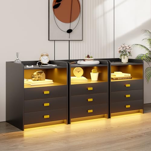 Nightstand with Charging Station, LED Night Stand, End Side Table with 3 Drawers, White P25230