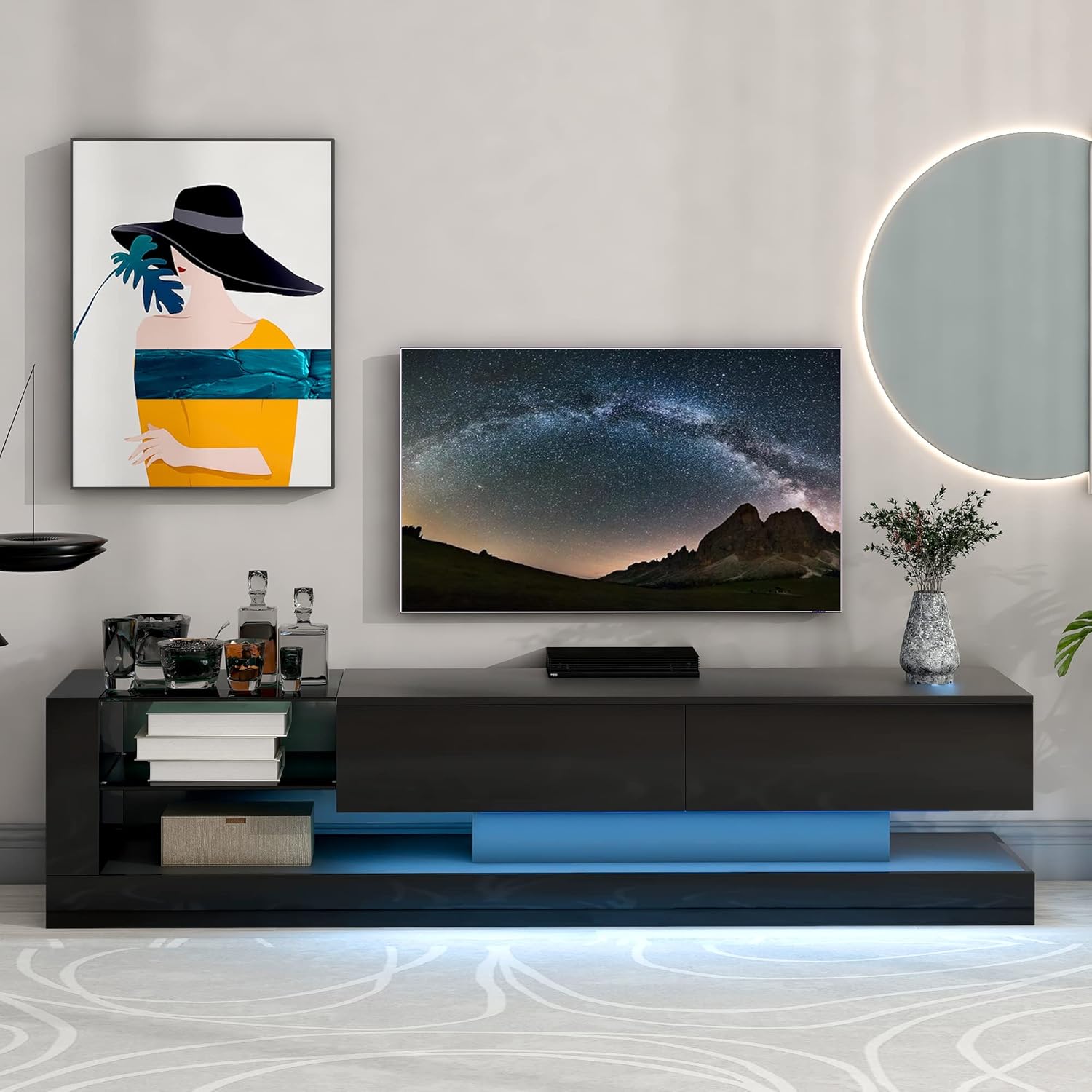 CITYLIGHT High Gloss TV Stand with LED Lights and 2 Media Storage Cabinets, Modern High Gloss Entertainment Center for 75 Inch TV, 16-color RGB LED Color Changing Lights for Living Room, Black