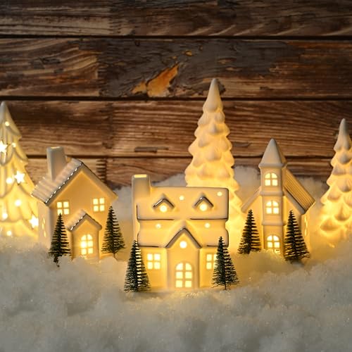 Ceramic Christmas Village Houses with LED Lights, 3 Pieces with Trees Y512