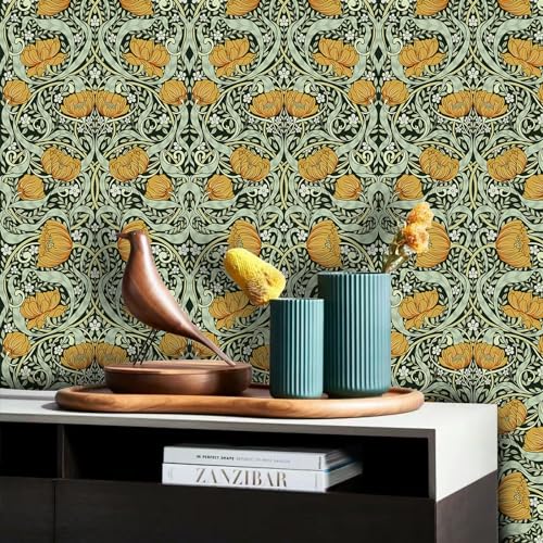 Peel and Stick Wallpaper, Vintage Floral Green Wall Mural, Removable Pre-Pasted Contact Paper for Bedroom O6980