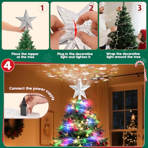 Christmas Tree Topper Lighted with 6 Projection Slides, Snowflake LED Rotating 3D Glitter Tree Topper O28849
