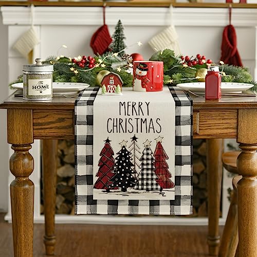 Buffalo Plaid Christmas Trees Table Runner, Winter Holiday Kitchen Dining Decor, 13 x 108 Inch A940