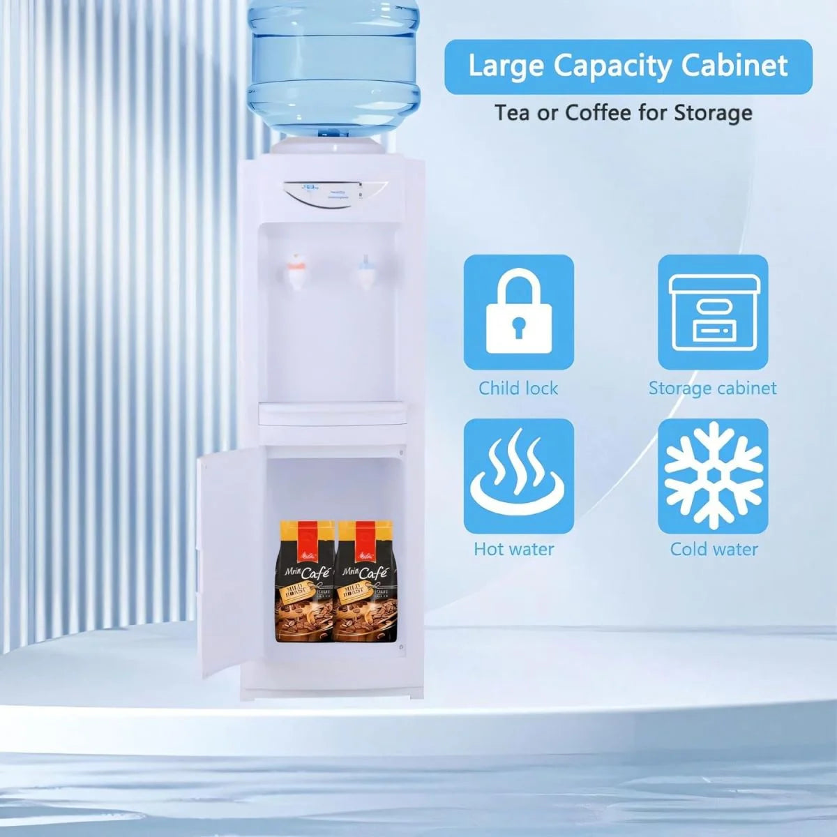 Water Cooler Dispenser for 5 Gallon Bottle, Top Loading, Hot and Cold, with Storage Cabinet C42687