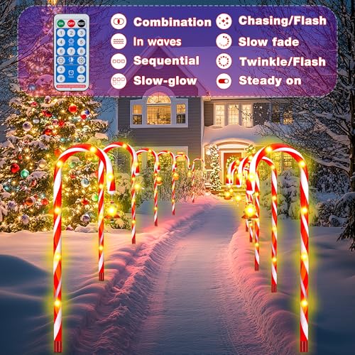 Solar Candy Cane Lights, 12-Piece Outdoor Pathway Set, 8 Modes V601