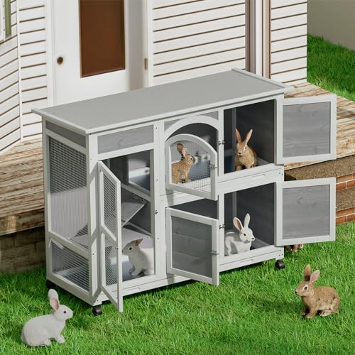Rabbit Hutch Outdoor 2 Story Bunny House Cage with Wheels and Removable Trays W925