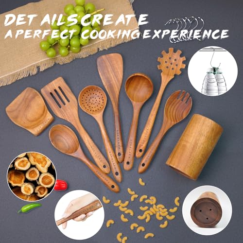 Christmas Wooden Spoons for Cooking, 10 Pcs Natural Teak Kitchen Utensils Set S557967