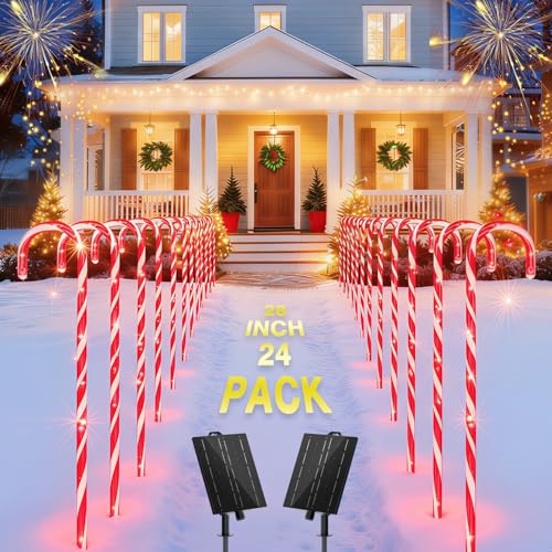 COOLWUFAN 24 Pack 28" Solar Candy Cane Path Lights Christmas Decorations, 4 Brightness Levels 264 Bright LEDs Waterproof Pathway Markers with Stakes for Outdoor Yard Garden Walkway Xmas Holiday Decor