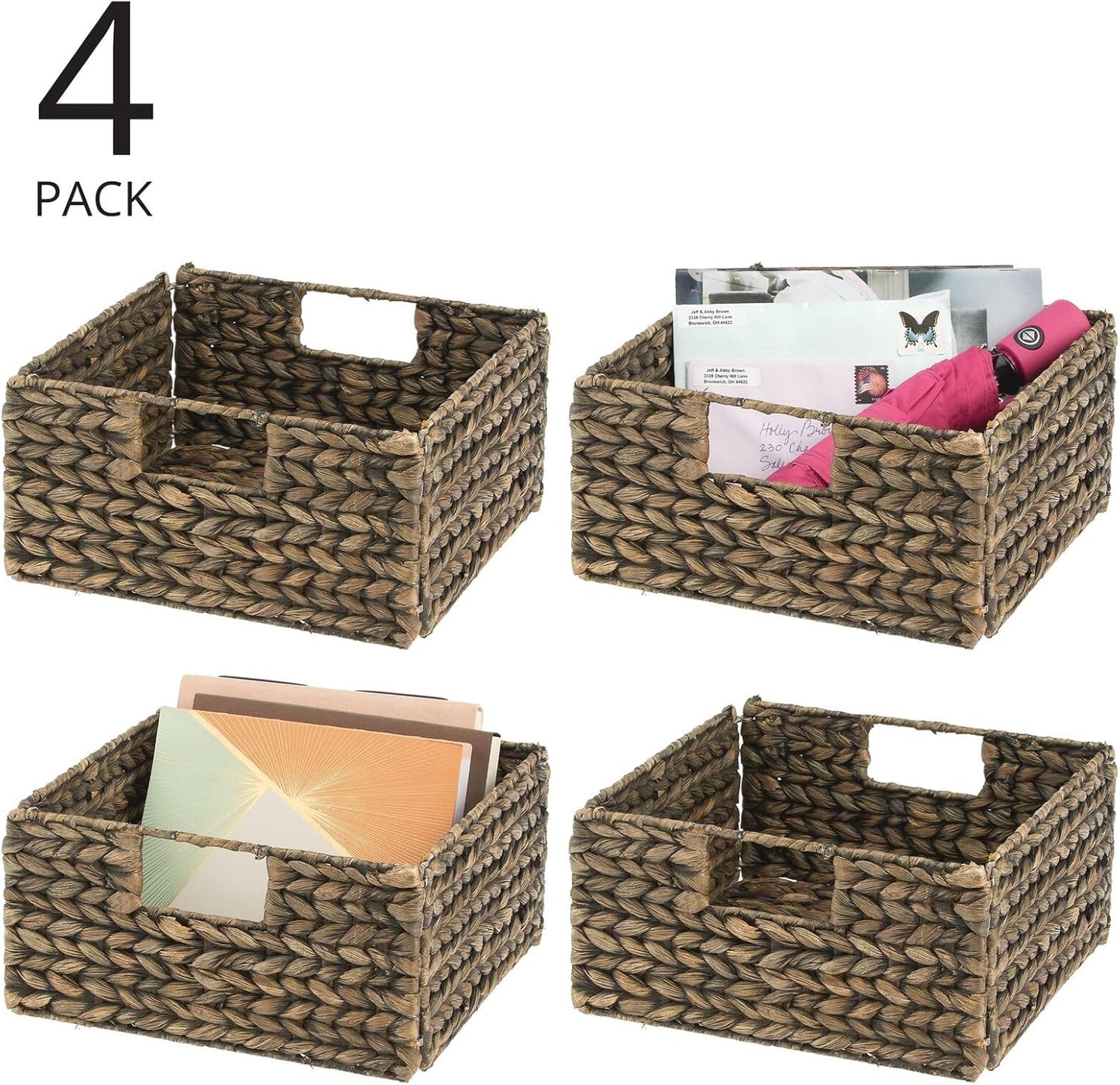 Woven Hyacinth Storage Bin Basket Organizer with Handles, Foldable Square Bins, 4 Pack, Brown Wash C2927