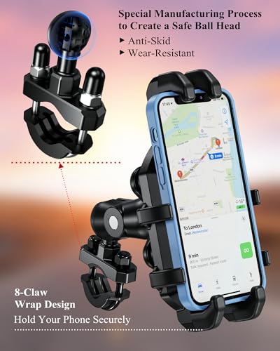Motorcycle Phone Holder with Anti-Shake Mount, Adjustable Handlebar Cradle for Smartphones B485