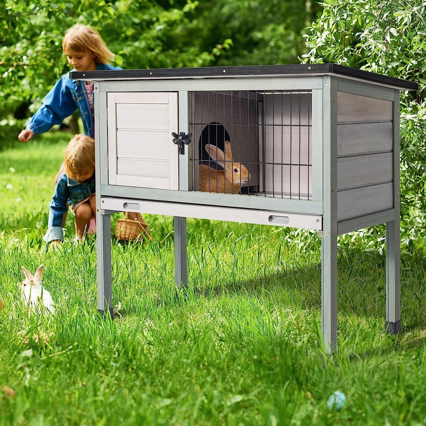 Elevated Wooden Rabbit Hutch with Openable Roof and Pull-Out Tray K7904