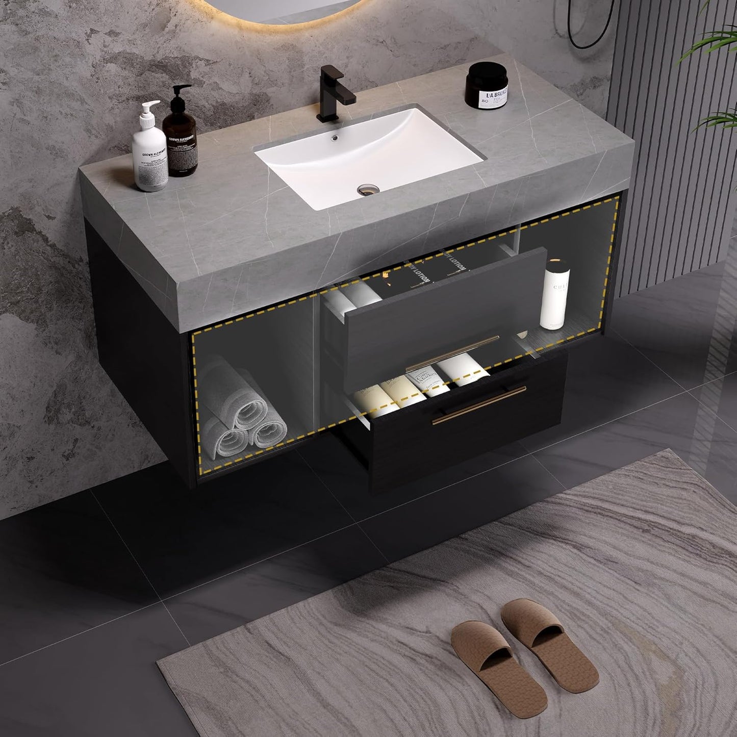 Bathroom Vanity with Sink, 39.4 Inches, Floating Design, 2 Cabinets, 2 Drawers P659255