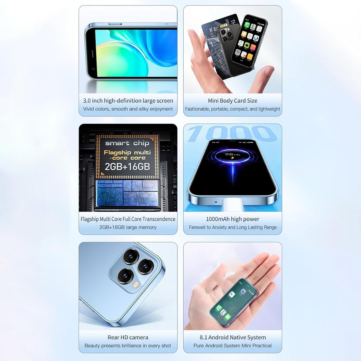 Mini 3G Smartphone with HD Camera, Dual SIM, 2GB 16GB, Blue D424