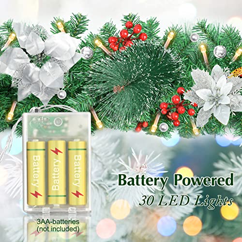 Pre-lit Christmas Garland with LED Lights, Red Flowers and Berries C561701