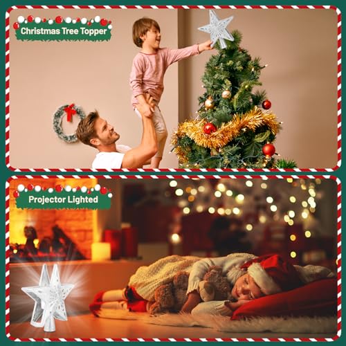 Christmas Tree Topper Lighted with 6 Projection Slides, Snowflake LED Rotating 3D Glitter Tree Topper O28849