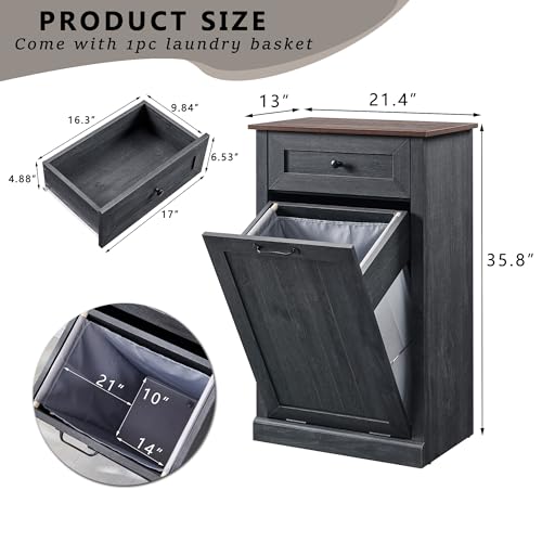 Tilt Out Trash Cabinet with Barn Door, 10 Gallon Garbage Bin and Storage Basket, Dark Grey X67057