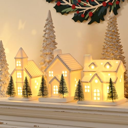 Ceramic Christmas Village Houses with LED Lights, 3 Pieces with Trees Y512