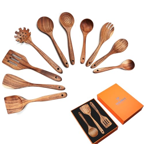 Christmas Wooden Spoons for Cooking, 10 Pcs Natural Teak Kitchen Utensils Set S557967