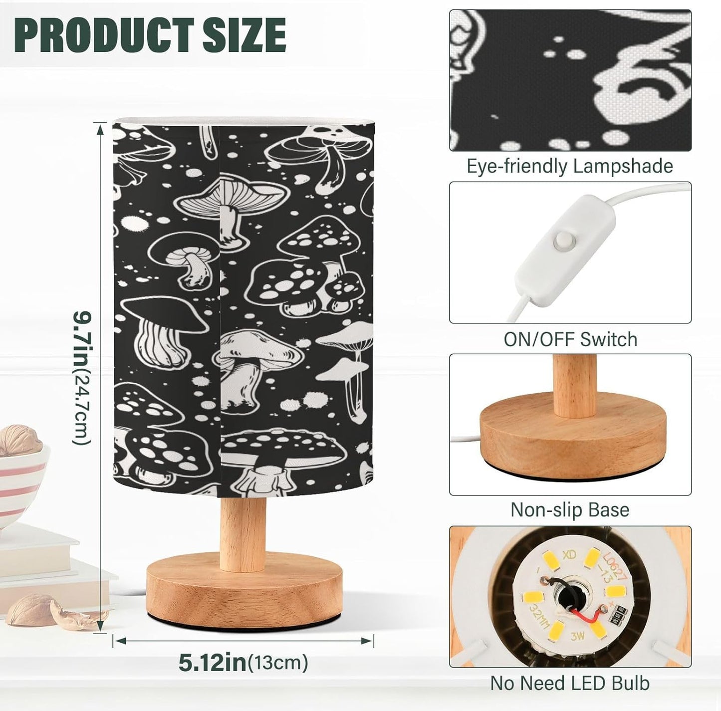 Mushroom Bedside Table Lamp with USB Port, Eye-Care LED Reading Light C86584