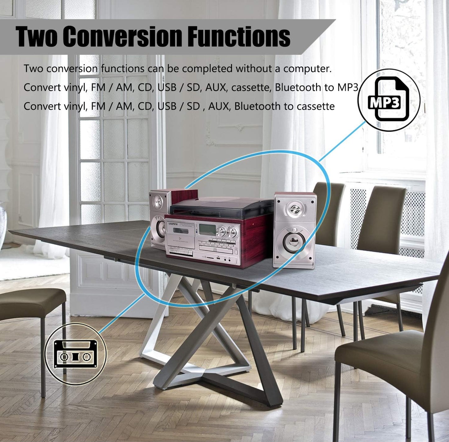 Vinyl Record Player with Dual 15W Speakers, Bluetooth, 3-Speed Turntable Z698