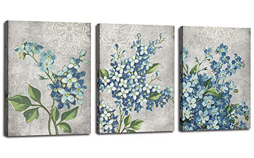 Arjun Bathroom Decor Blue Flowers Canvas Wall Art Pictures Florals Blossom Painting Grey Wildflowers Botanical Framed for Bedroom Living Room Dinning Room Home Office Wall Decor, 12"x16"x3 Panels
