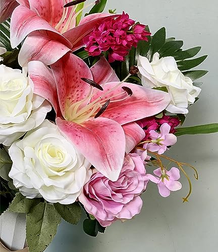 Artificial Cemetery Flowers for Grave Vase, Silk Lily and Rose Arrangement H368