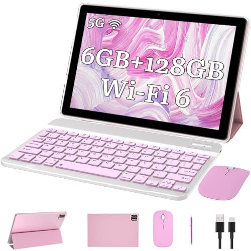 2 in1 Tablet with Keyboard Android Tablet 10 Inch Tablets, Include Mouse Case Stylus 5G-WiFi WiFi-6 128GB ROM+6GB RAM 10 in IPS 2MP+8MP Dual Camera 6000mAh Battery 10.1" FHD Android Tab