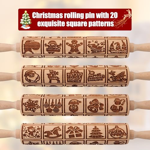 Wooden Rolling Pin for Baking with Christmas Embossed Designs, Includes Cleaning Brush O863