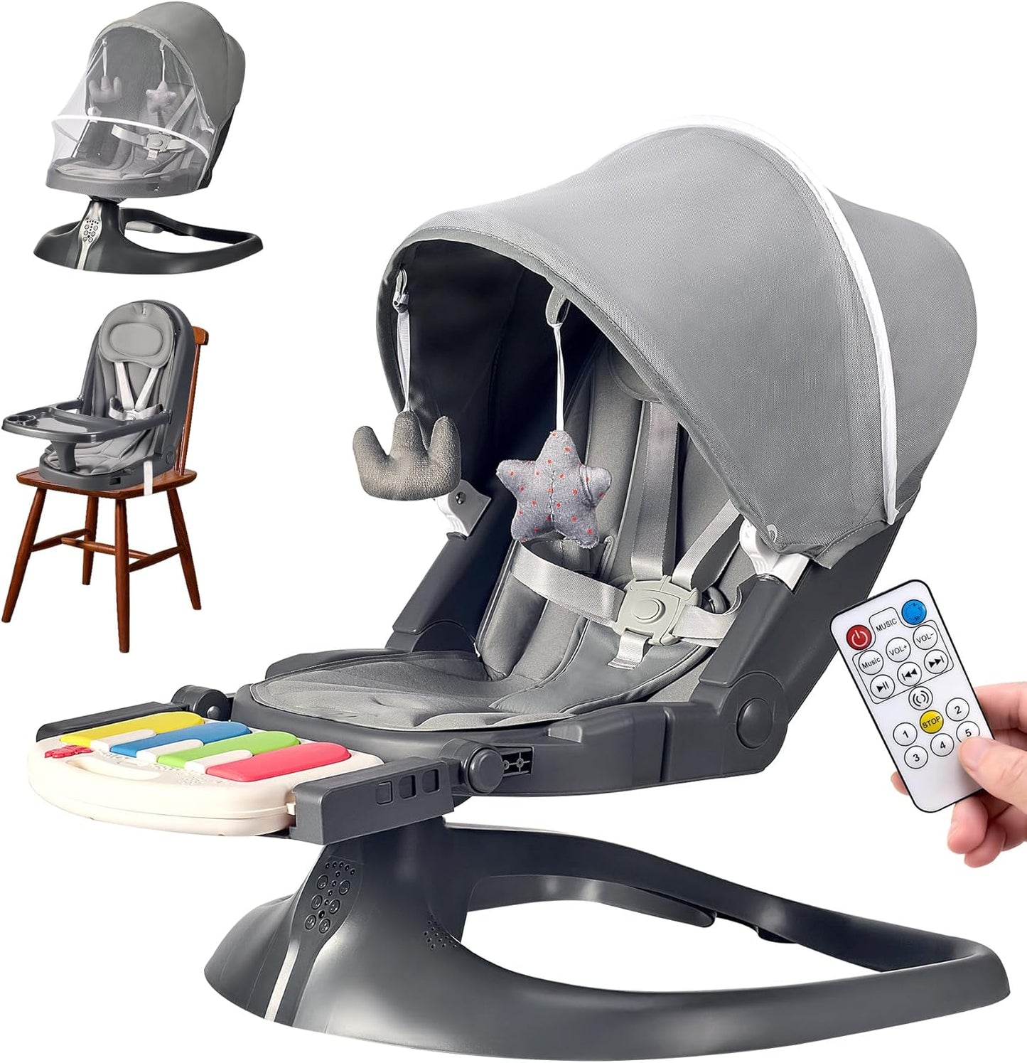 Baby Swings for Infants, Electric Portable Detachable Baby Swing Newborn, 2 in 1 - Baby Booster, Infant Swing with Pedal Piano, 5 Natural Sway Speeds and 3 Recline Positions
