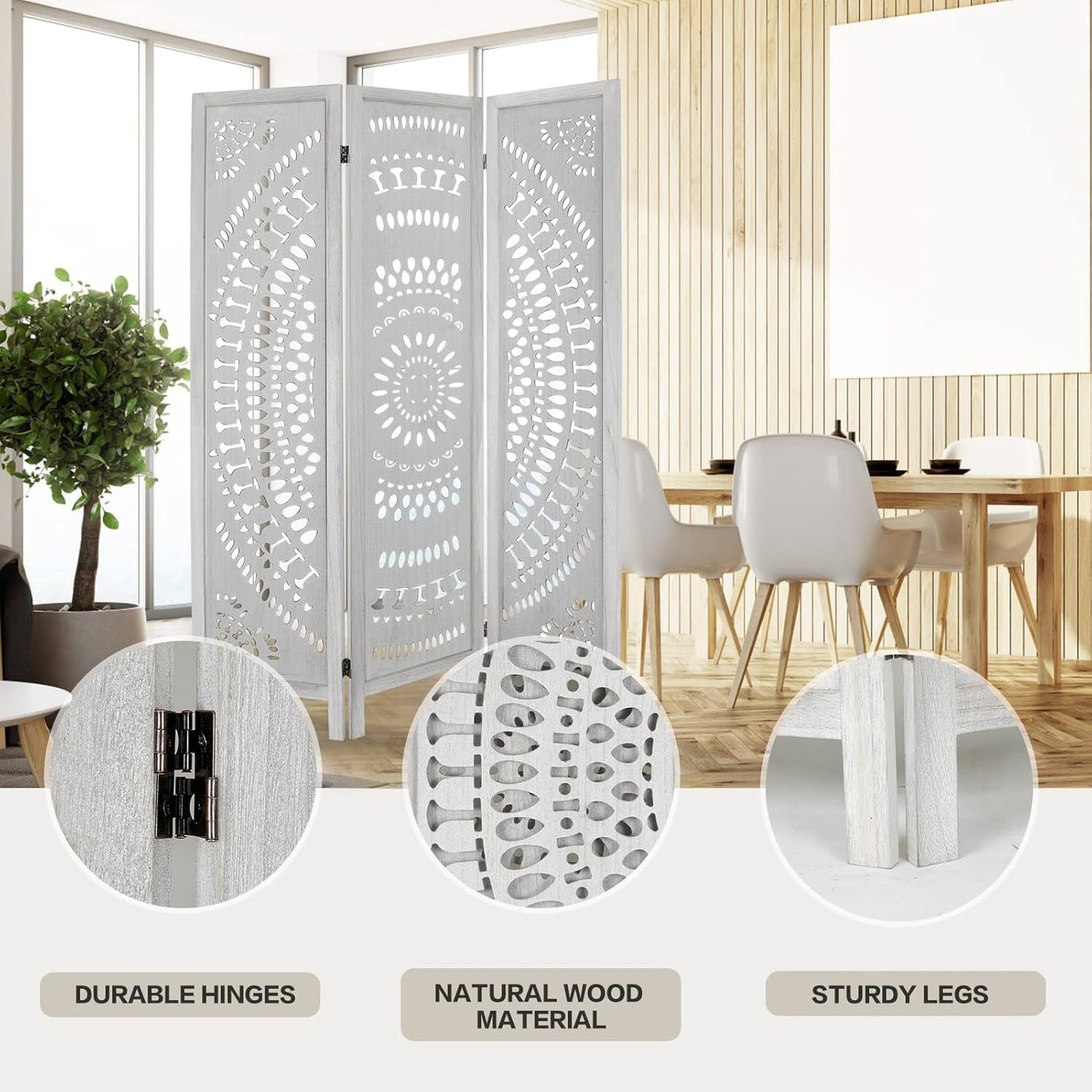 3 Panel Carved Wood Room Divider, 5.6ft Tall Folding Privacy Screen, White L96025