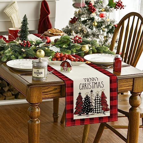 Buffalo Plaid Christmas Trees Table Runner, Winter Holiday Kitchen Dining Decor, 13 x 108 Inch A940