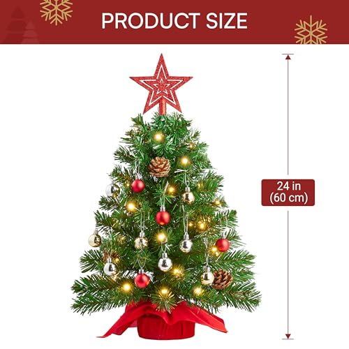 24" Mini Christmas Tree Tabletop Set with LED Lights and Ornaments V8406