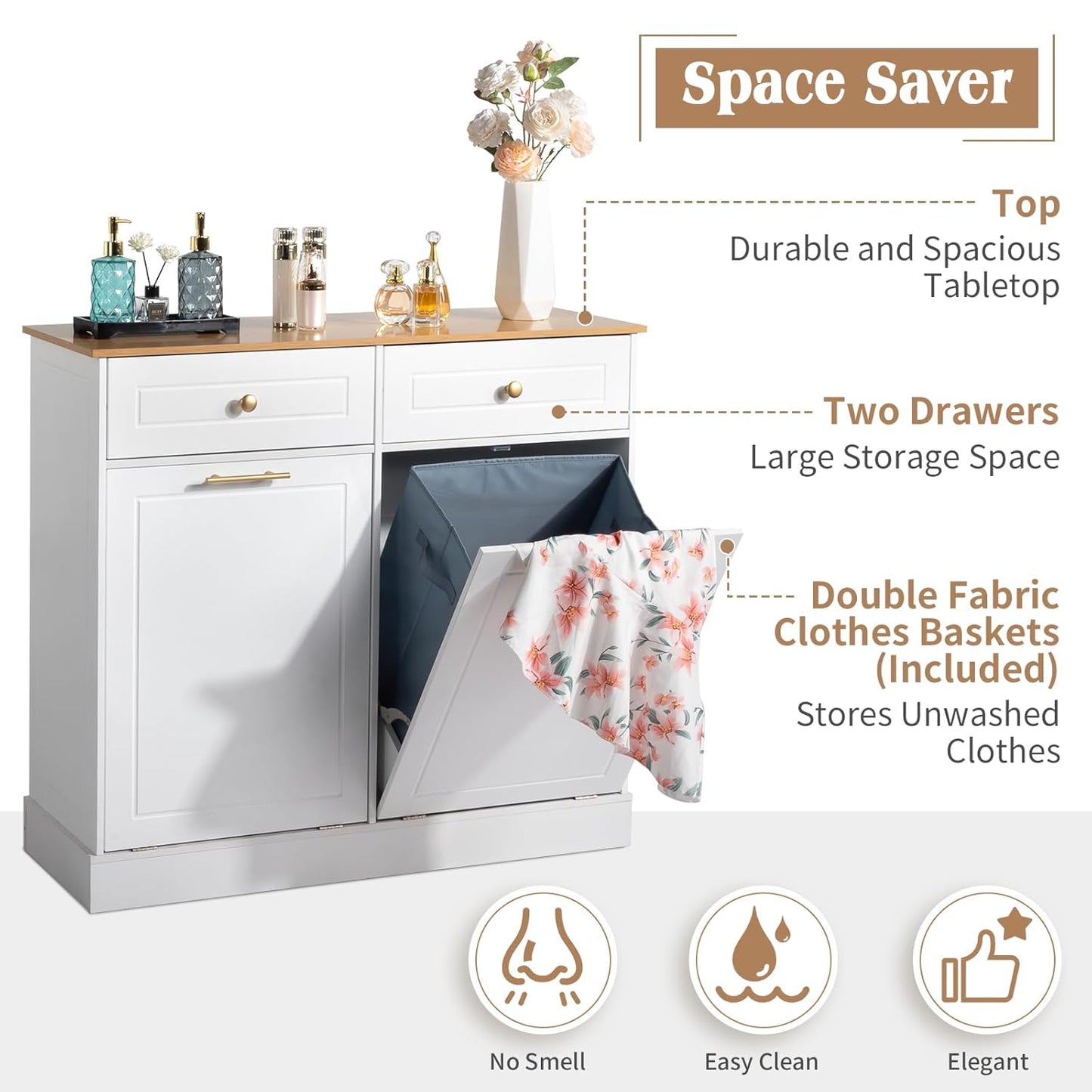 Tilt Out Trash Cabinet with Drawer and Laundry Hamper - White V614