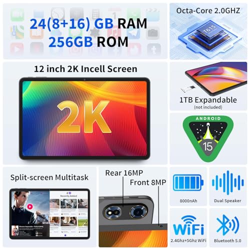 12 Inch Android Tablet with Keyboard, 24GB RAM, 256GB Storage, 2K Display S34332