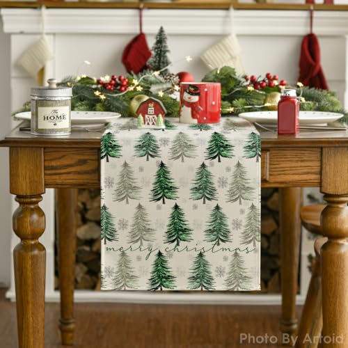 Snowflake Christmas Table Runner, Winter Green Kitchen Dining Decoration 13x72 Inch G642