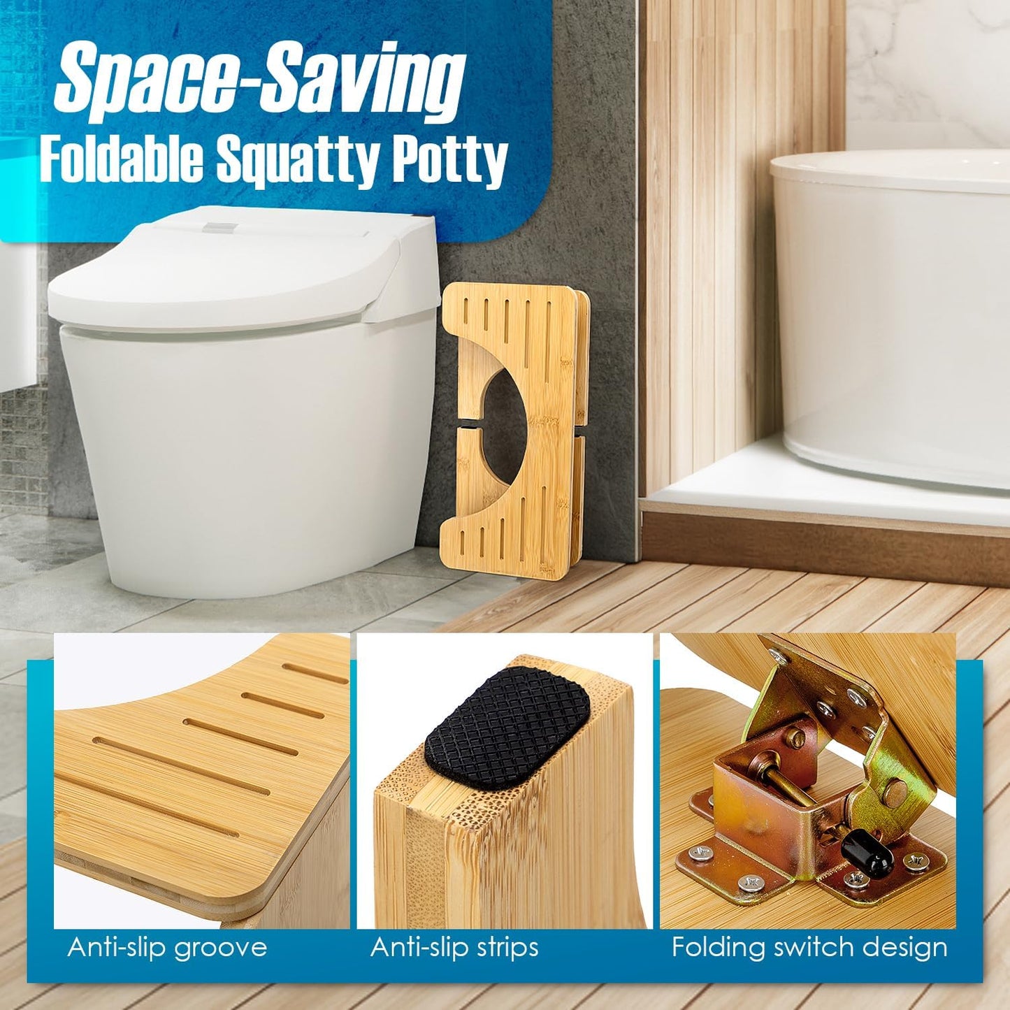 Foldable Bamboo Toilet Squat Stool with Non-Slip Pads X940937