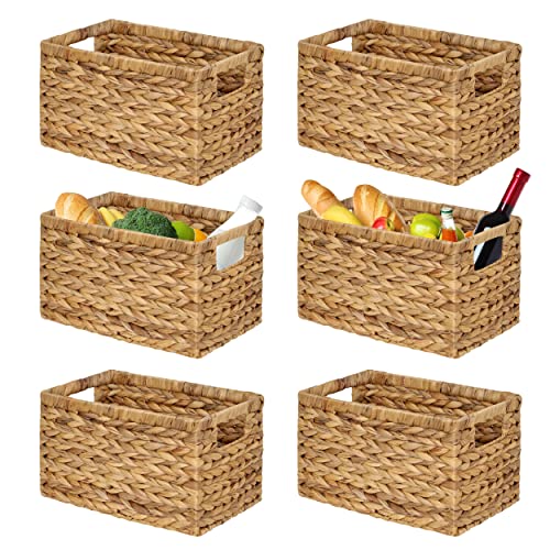 BARIEN Set of 6 Natural Water Hyacinth Woven Storage Baskets 12.6” x 8” x 7”, Rectangular Wicker Basket with Built-in Handles, Medium (Natural - Set of 6)