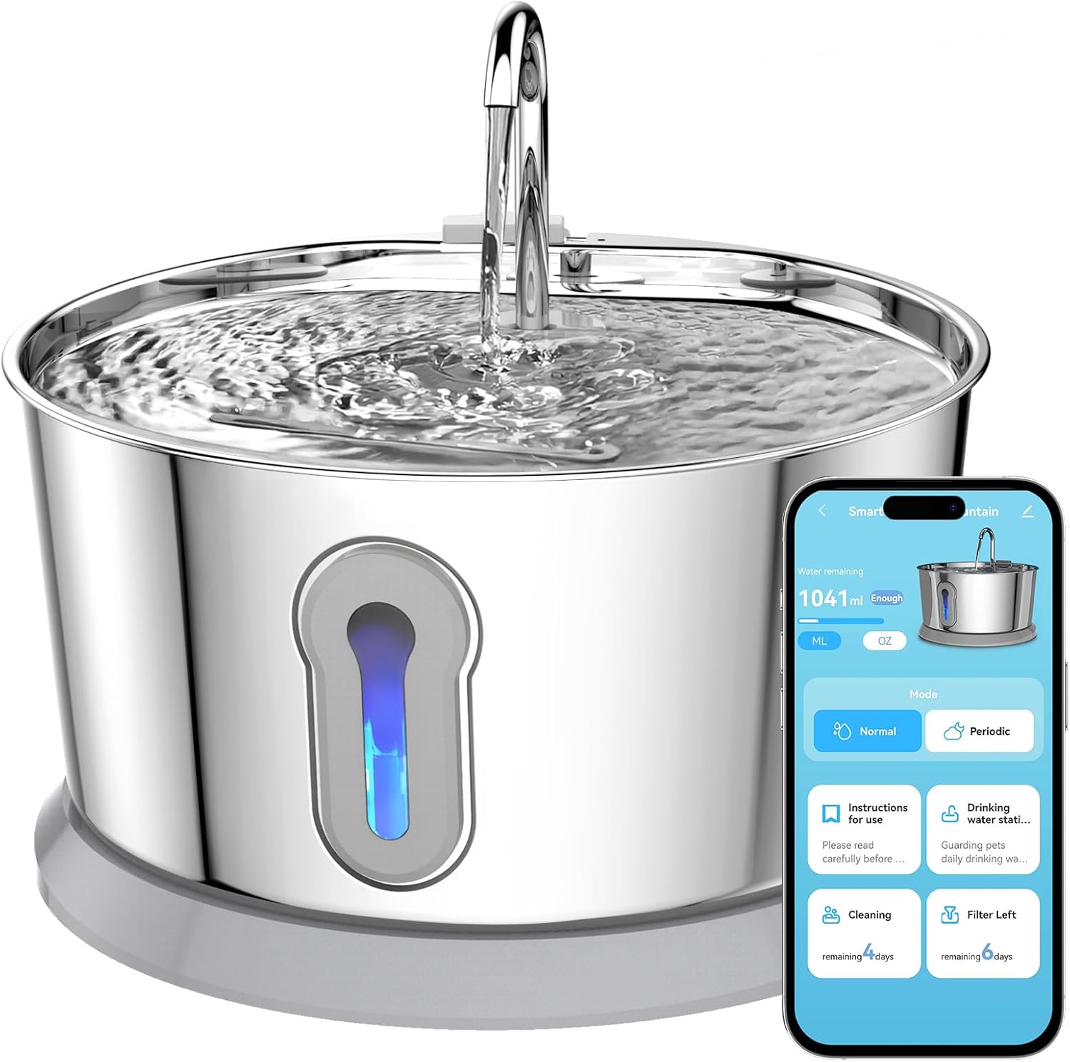 Wireless Cat Water Fountain, 135oz/4L Automatic Smart Pet Fountain Stainless Steel Dog Water Dispenser with 2.4GHz Wi-Fi App Control & 2 Replacement Filters & for Cats Inside, Dog, Multiple Pets