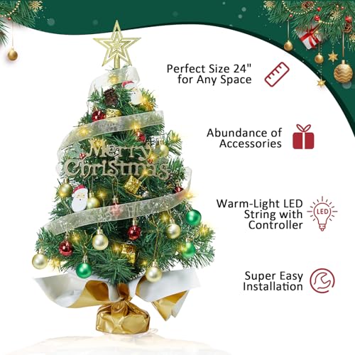 Mini Christmas Tree with 50 LED Lights 24 Inch Tabletop Prelit Artificial Tree J785647