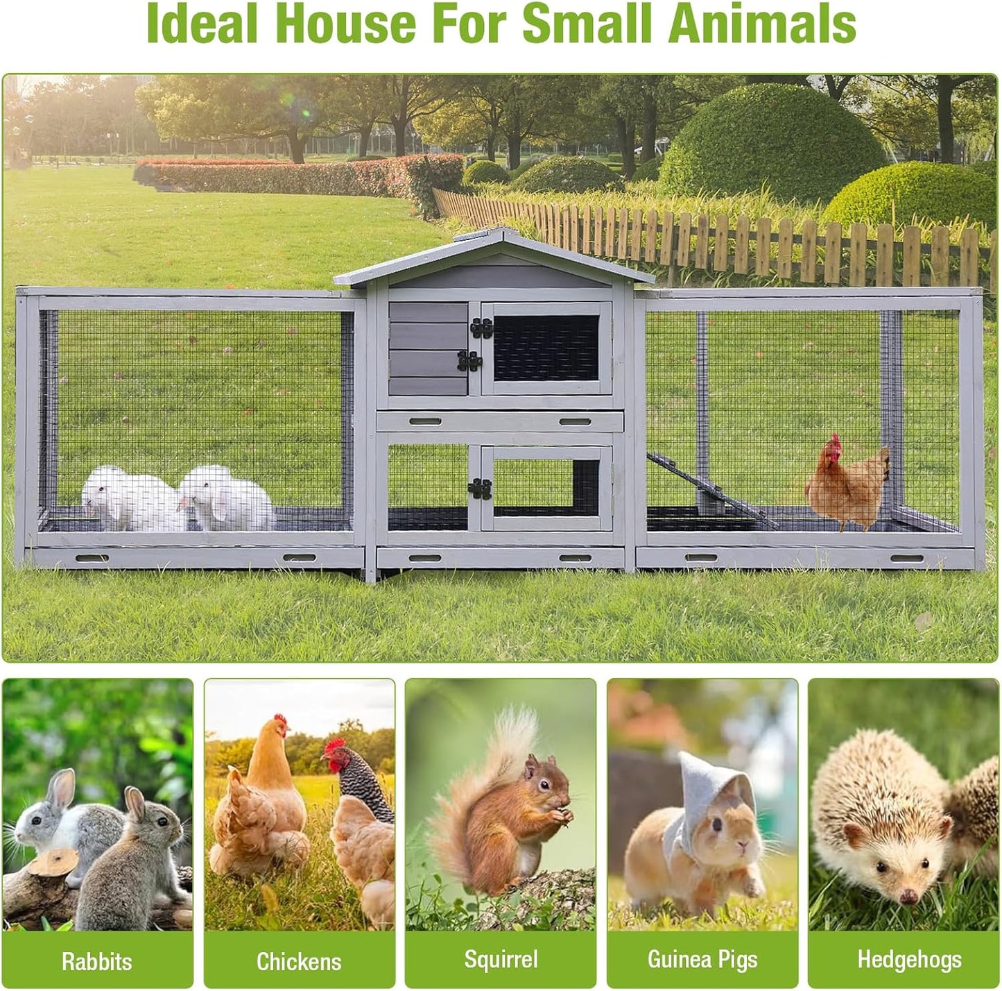 Large Rabbit Hutch Indoor Outdoor with Wheels and Pull Out Trays W3742