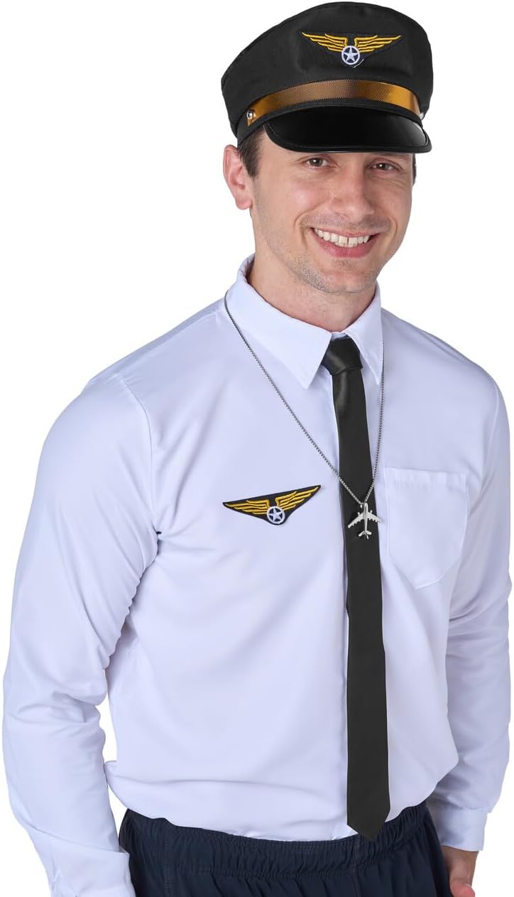 Airline Pilot Captain Costume Kit, 5 PCS Dress Up Accessory Set with Sunglasses, Tie, Hat, Wings Patch and Necklace J7882