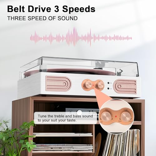 Vinyl Record Player with Built-in Speakers, 3-Speed, White Rose Gold Q78340