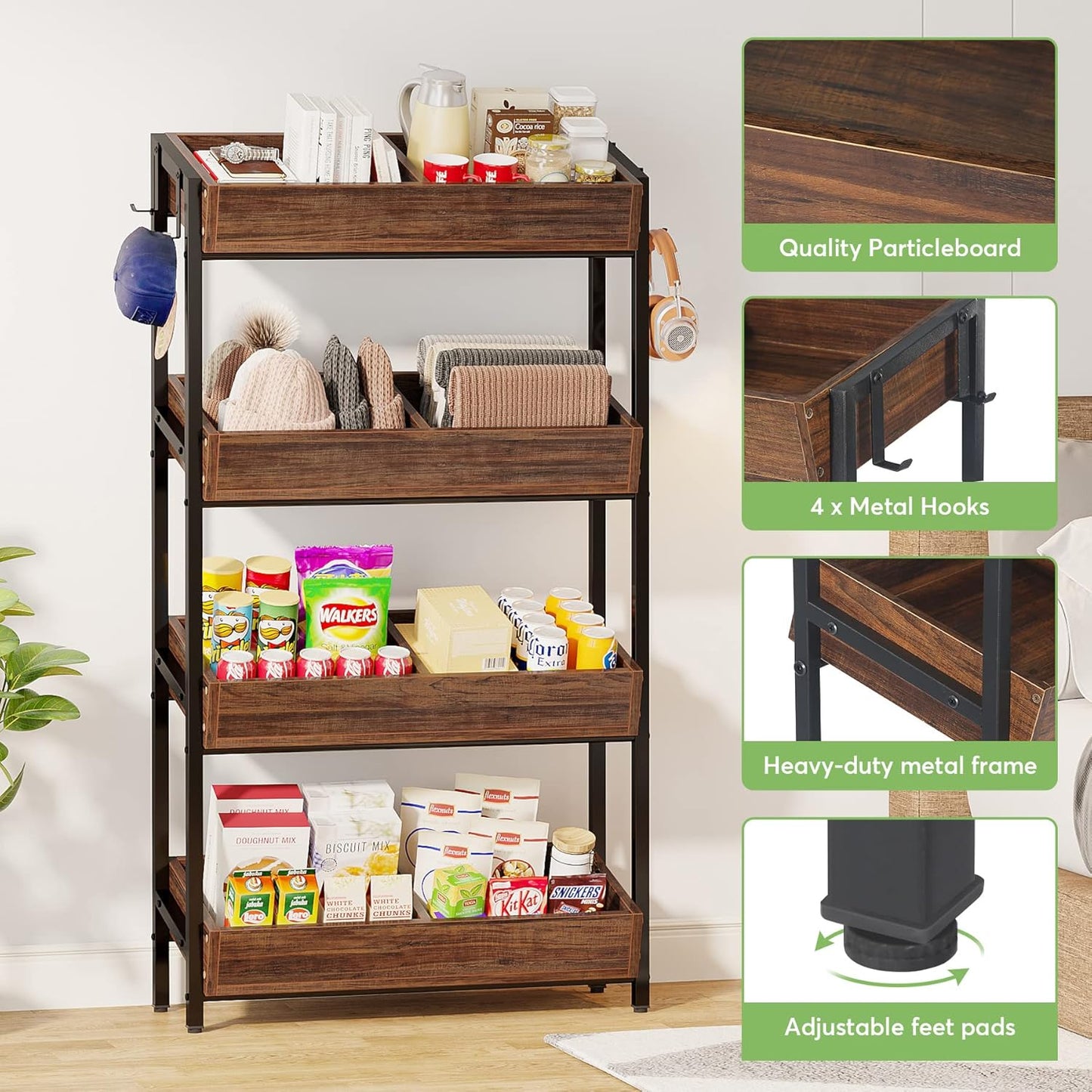 4-Tier Wood Fruit Vegetable Storage Basket Stand, Versatile Utility Shelf Rack E4294