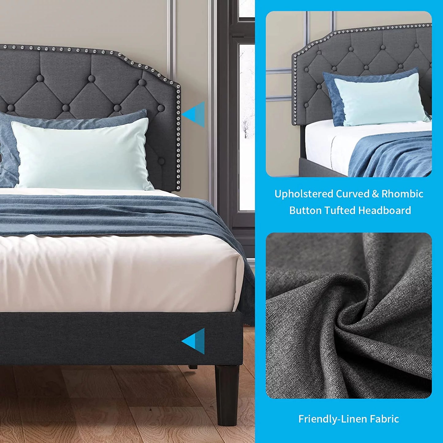 Queen Size Platform Bed Frame with Tufted Upholstered Headboard F240