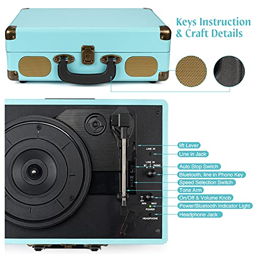 Bluetooth Portable Suitcase Vinyl Player with Built-in Speakers, 3-Speed Turntable O8180