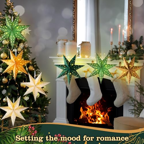 12 Pcs Christmas Paper Star Lantern 9 Point Hanging Ornament with String Light H44991