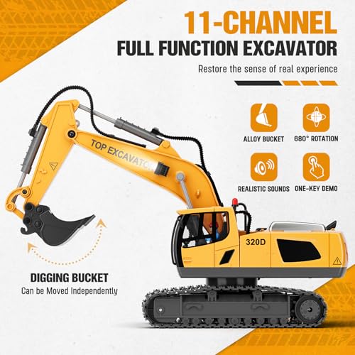 Remote Control Excavator Construction Toy for Boys, 11CH with Metal Shovel and Lights N4221