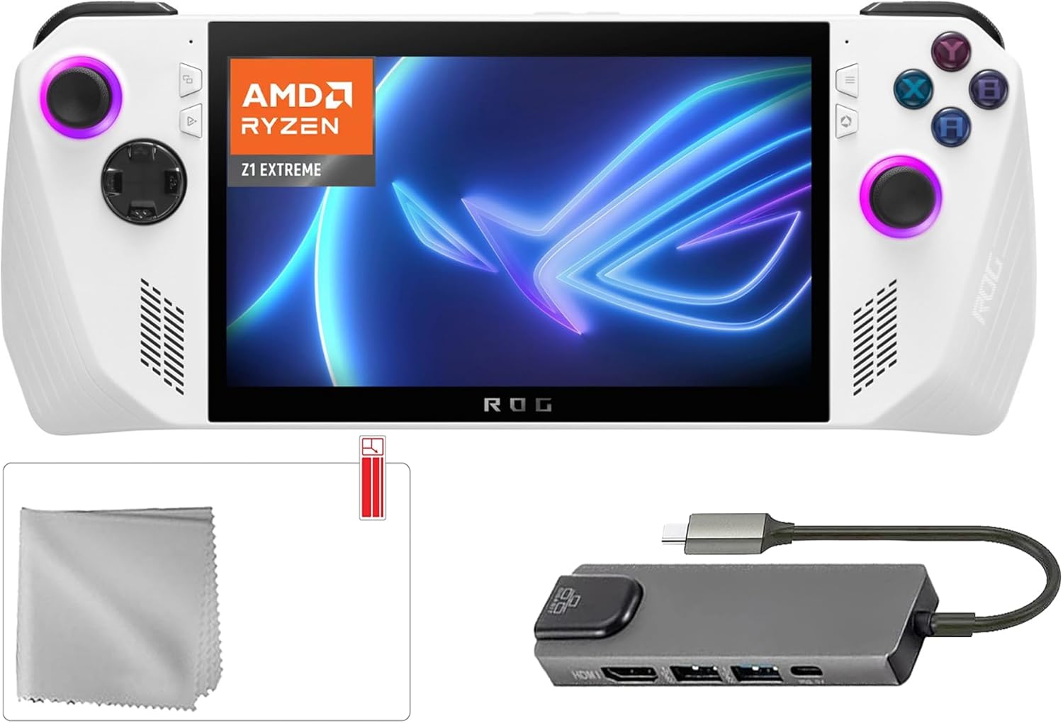 ASUS ROG Ally 512GB Gaming Handheld 7-inch Touchscreen 120Hz FHD 1080p AMD Ryzen Z1 Extreme Processor, Mytrix Hub, Screen Protector, 3 Accessories: 4 in 1 Bundle, White