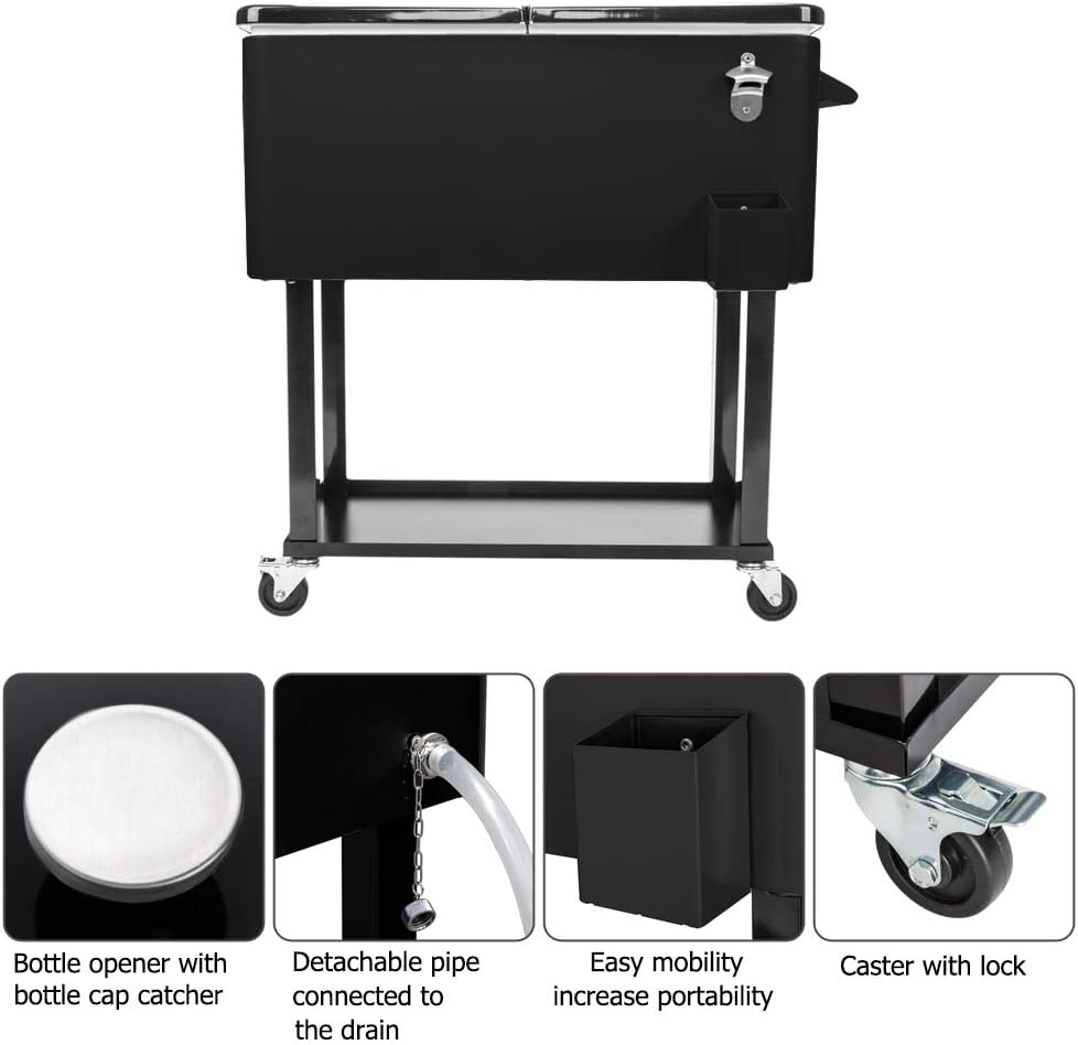 80 Quart Rolling Ice Chest Cooler Cart with Shelf and Bottle Opener J482570