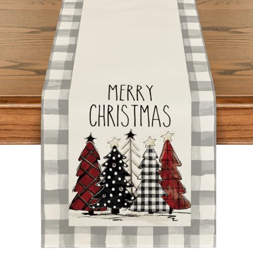 Buffalo Plaid Christmas Trees Table Runner, Winter Holiday Kitchen Dining Decor, 13 x 108 Inch A940